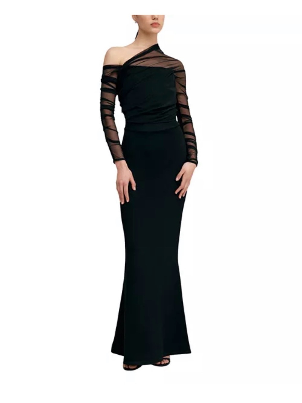 One-Shoulder Black Mesh-Sleeve Evening Gown